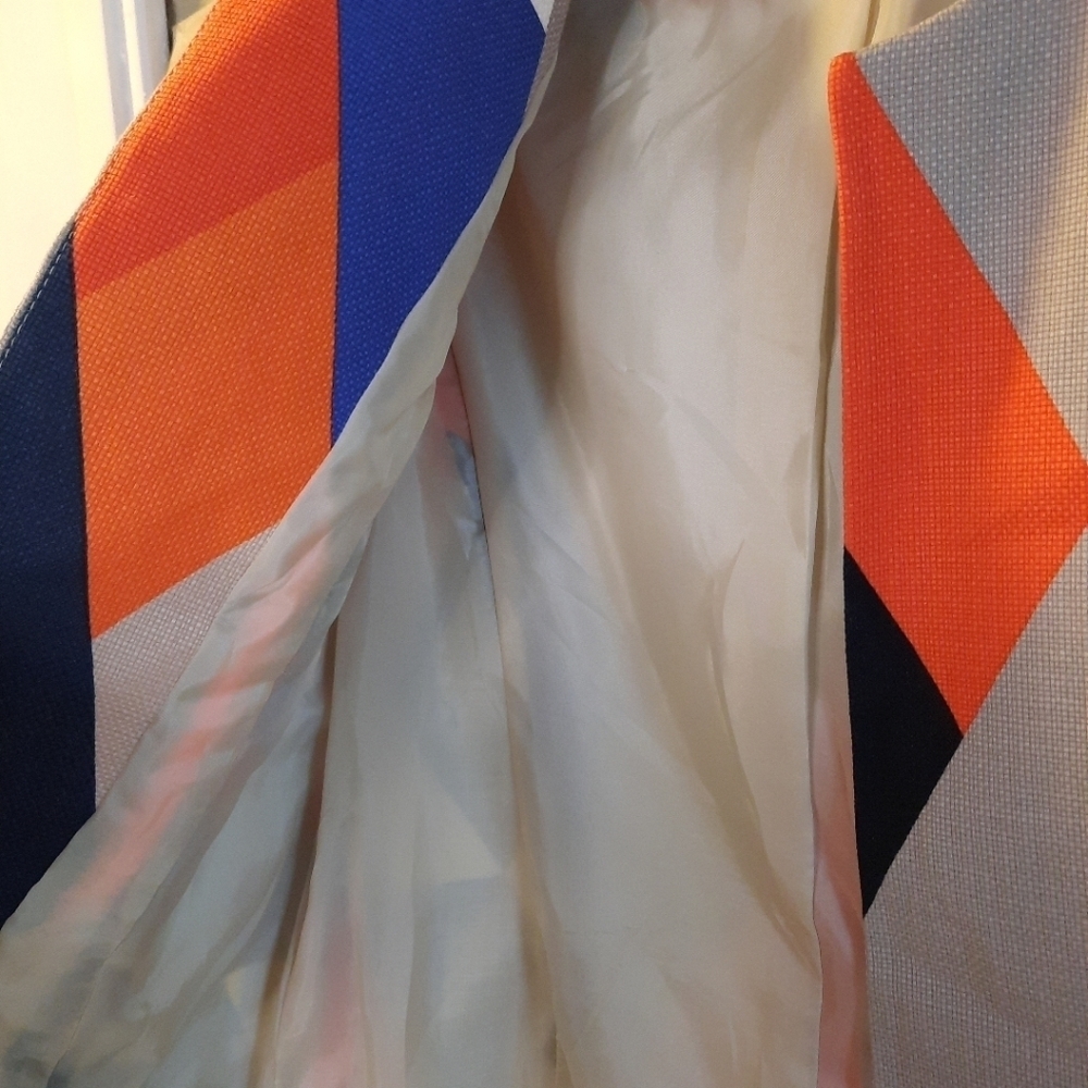 Anne Klein Blazer Open Front Geometric Blue Orange 100% Cotton Size 4 - Picture 5 of 12